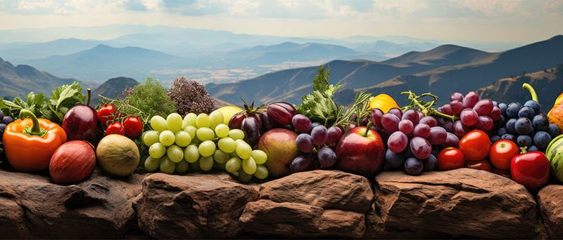 Image of various fruits and vegetables in a row to support sustainable food companies article