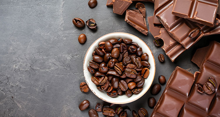 Cocoa beans in a cup & chocolate on a slate