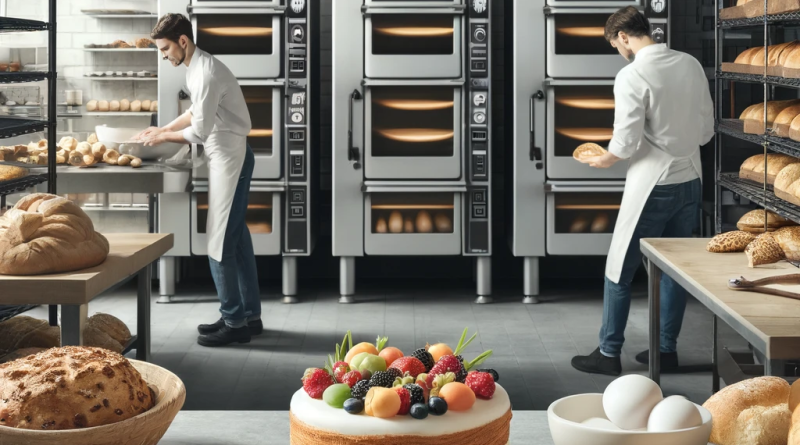 A bustling bakery kitchen showing bakers at work, kneading dough and decorating cakes, with ovens full of baking bread and shelves of pastries.